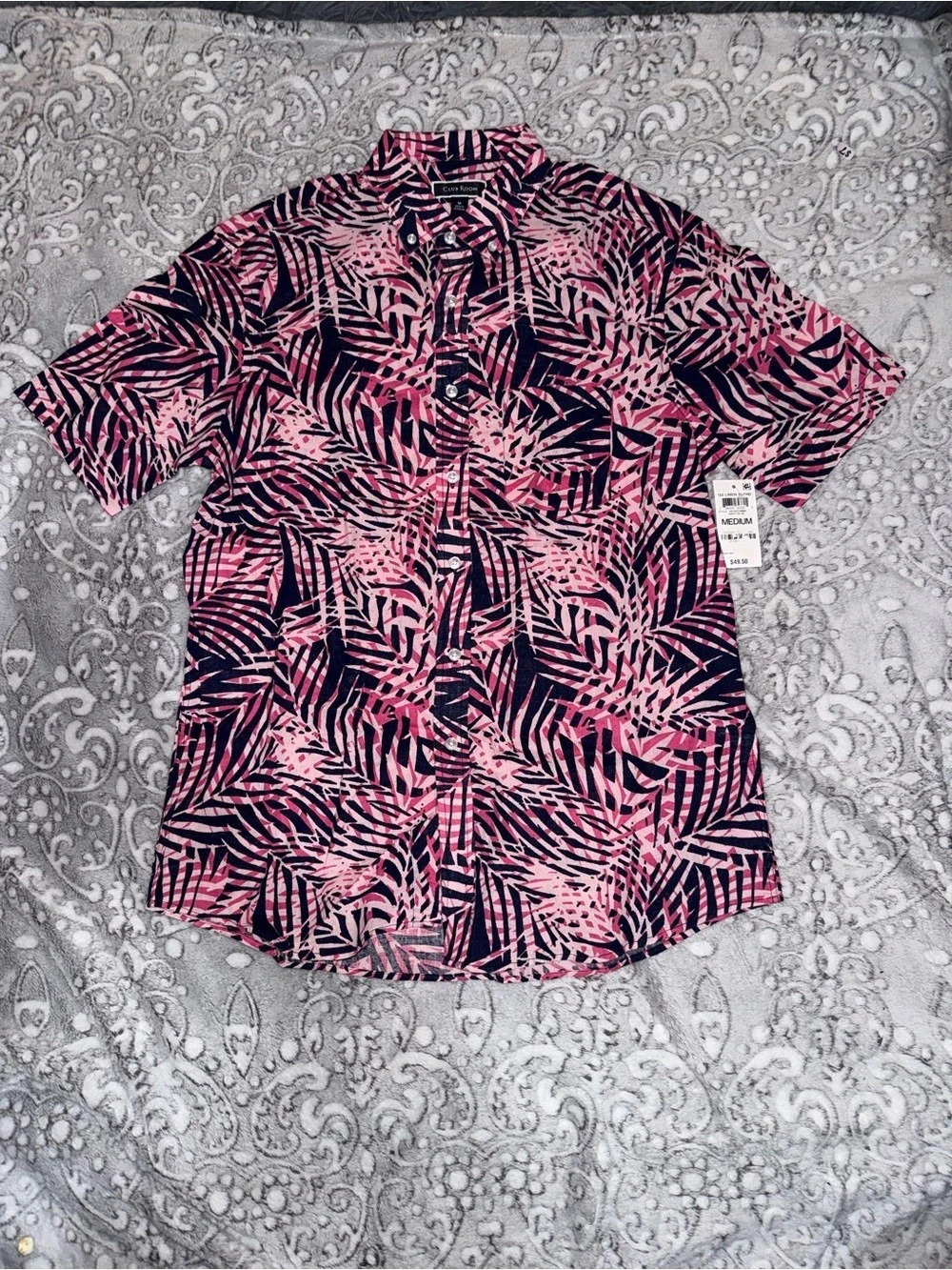 Club Room Men’s Tropical Linen Blend Button Down Shirt Pink Navy M NWT
